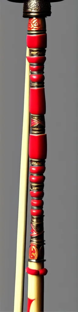 Image similar to single wooden long straight thin ninja fighting staff with oriental ornaments, weapon, highlight, vertical, centred, highly symmetric, sci - fi, fantasy, japan, dnd, close shot, bright uniform background, directional lighting, digital art, hyperrealism, award winning, 8 k