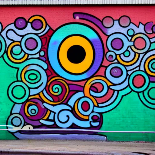 Image similar to wall with graffiti of man with one eye made with colored circles and lines, by Julien Durix