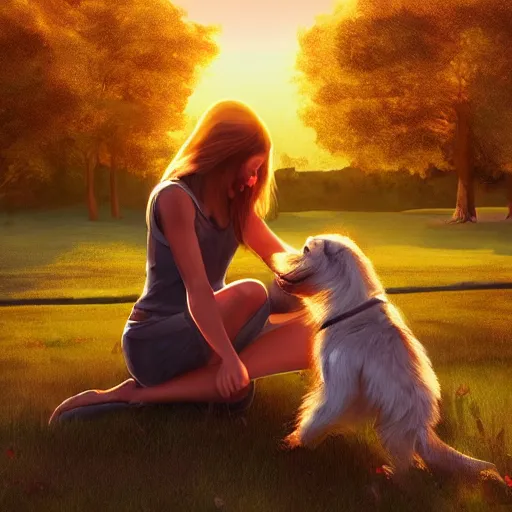 Prompt: semirealistic digital art of a girl playing with a dog, golden hour, detailed