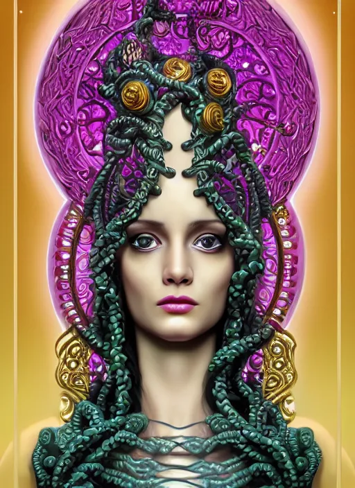 Image similar to professionally-made ultradetailed ornate award winning masterpiece RPG character portrait of beautiful symmetrical art deco Medusa radiating glowing aura, fully clothed with a flowery dress, digital airbrush painting, 3d rim light, hyperrealistic, artstation, cgsociety, kodakchrome, golden ratio, 1985