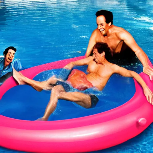 Image similar to jerry seinfeld drowning jim varney in an inflatable kids pool as barney looks on and laughs in the background highly detailed award winning photo
