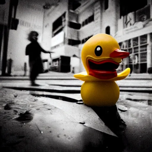 Image similar to rubber duck horror, rubber duck mutant, rubber duck zombie horror, photography