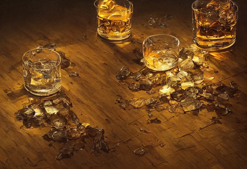 Prompt: on a wooden floor there is a single crystal glass filled with whiskey and one goldfish swimming inside, close up view, dramatic lighting, DOF, caustics, soft, sharp focus, art nouveau, intricate concept artwork by Greg Rutkowski and Lucas Staniec