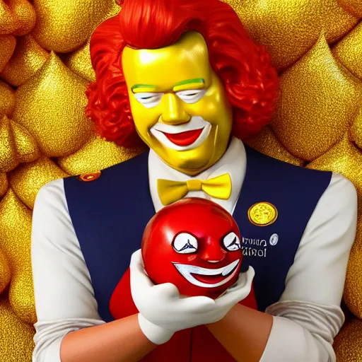 Image similar to a still of ronald mcdonald surrounded by gold and diamonds, award - winning, photograph, 3 d render, unreal engine, 4 k detailed