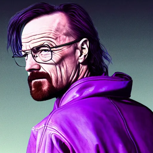 Image similar to walter white on top off jesse pinkman's back, and a purple coloured leather jacket, one side haircut, long brown hair with light blue ends, portrait, hyperdetailed, artstation, cgsociety, synthwave by tangerine dream, by jean - michel jarre, by vangelis, by john carpenter