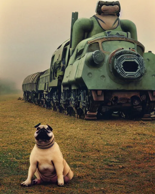 Image similar to giant oversized chubby bulky armored train pug dog robot mech, with big pug head , rocket launcher , on a village , Cinematic focus, fujicolor photo, vintage, neutral colors, soft lights, foggy, panorama by by Serov Valentin, by lisa yuskavage, by Andrei Tarkovsky