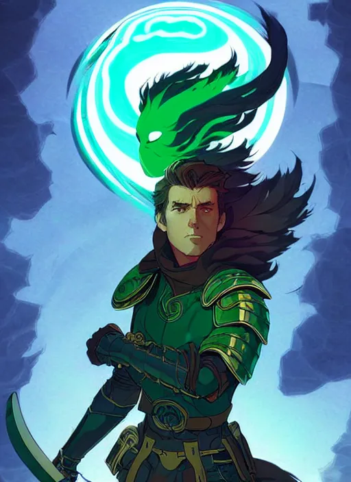 Image similar to style artgerm, joshua middleton, illustration, ryan reynolds as rune knight wearing green pelt light armor, anime eyes, blue hair, swirling water cosmos, fantasy, dnd, cinematic lighting