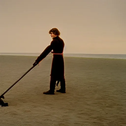 Image similar to anakin skywalker vacuuming the beach to remove sand