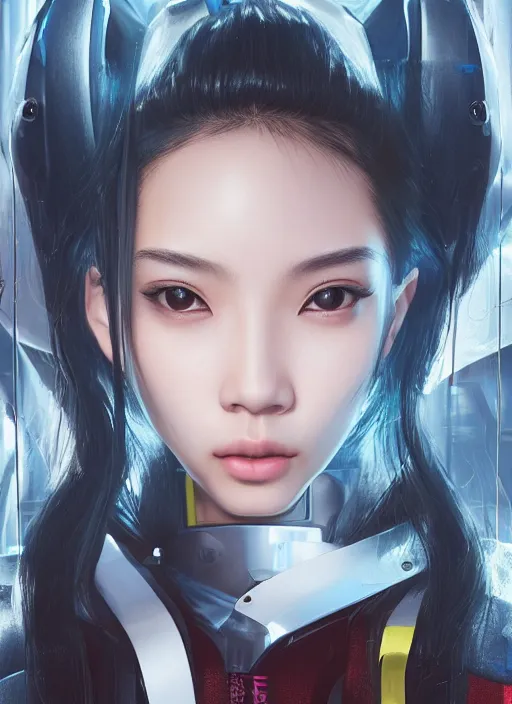 Image similar to portrait of angelababy, futuristic hong kong police uniform girl absurdly beautyfull, au naturel, hyper detailed, digital art, trending in artstation, cinematic lighting, studio quality, smooth render, unreal engine 5 rendered, octane rendered, art style by klimt and nixeu and ian sprigger and wlop and krenz cushart