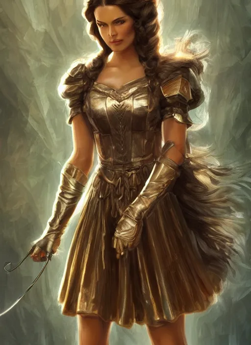 Image similar to beautiful female dorothy gale, rebecca romijn as dorothy, full body character concept, covered in full silver armor, art nouveau, super powers, fantasy, intricate, elegant, highly detailed, digital painting, artstation, concept art, shining, sharp focus, illustration, art by stanley lau