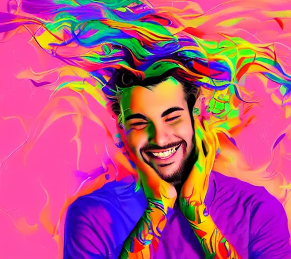 Prompt: beautiful young man smiling running his hand through his hair, digital art, colourful, digital art, seductive.