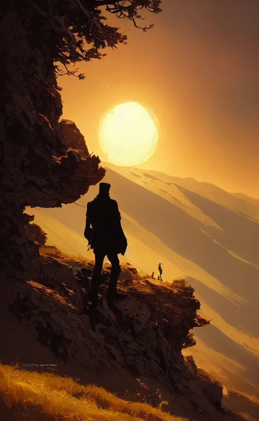 Image similar to a beautiful artwork illustration, silhouette of a man standing on a hill looking at his kingdom in the distance, high contrast, high saturation, by Greg Rutkowski and Jesper Ejsing and Raymond Swanland, featured on artstation, wide angle, vertical orientation