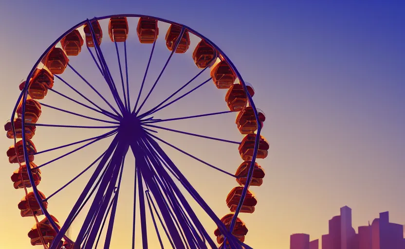 Image similar to one ferris wheel at sunrise, concept art, hyperrealistic, octane render, unreal engine 5, path traced, highly detailed, high quality, 8 k, dramatic lighting, cinematic, high coherence, symmetrical, high contrast, 1 9 8 0 s style, lens flare, godrays