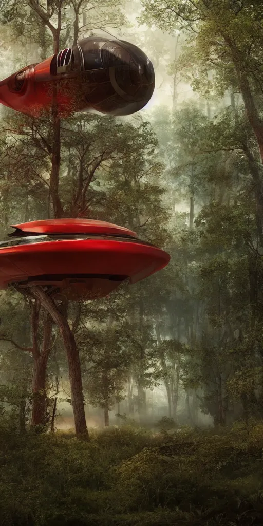 Prompt: spaceship in a forest , giant threes, photorealistic, octane render, 4k, shallow depth of field, red birds, concept art, artstation, highly detailed, art by canaletto and kim keever