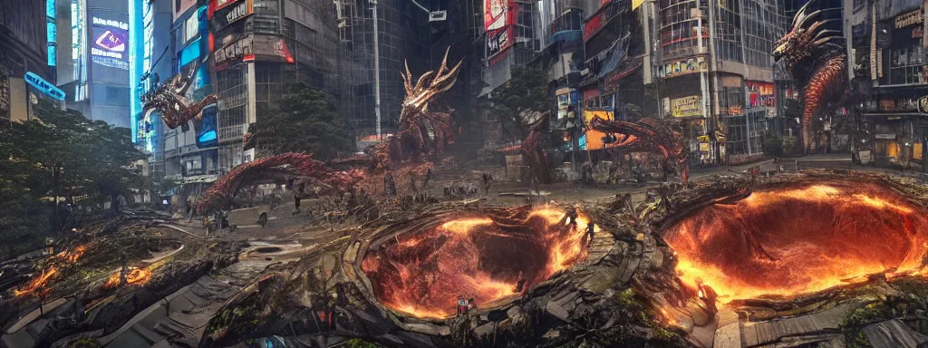 Image similar to large sinkhole in the middle of shibuya tokyo, with ancient glowing spiked wyvern flying creatures emerging from the hole, in the style of monster hunter world, like concept art on artstation, hyperdetailed, vray render, octane render,