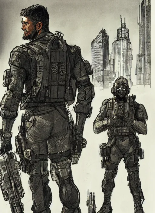 Image similar to Hector. USN blackops operator looking at city skyline. Agent wearing Futuristic stealth suit. rb6s, MGS, and splinter cell Concept art by James Gurney, Alphonso Mucha.