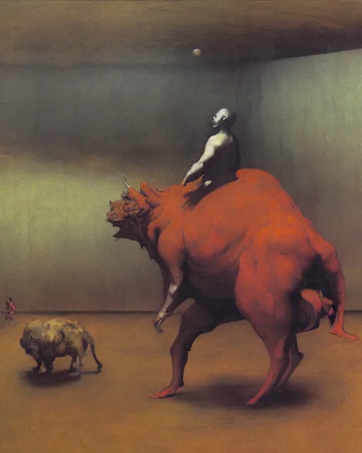 Prompt: a Francis Bacon Painting of a large beast walking the countryside and eating a person, Beksinski painting, part by Francisco Goya and Gerhard Richter. art by James Jean, Francis Bacon masterpiece