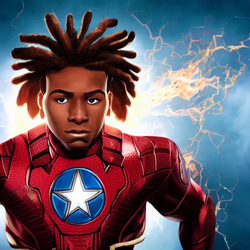 Prompt: a marvel movie style portrait design featuring a young male african american superhero johnny storm with brown dreadlocks hair, blue uniform with the number 4 on the chest in a round logo, full body, hair and arms on fire, cinematic, high detail, no imperfections, extremely symmetric facial features, unreal engine, 8 k, by kevin fiege