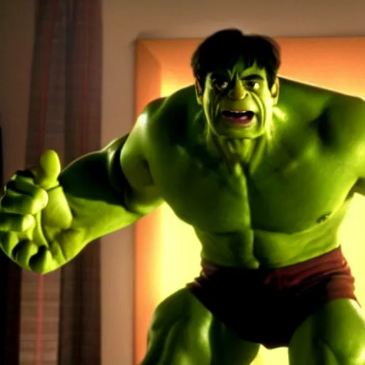 Image similar to mr. bean as hulk in the avengers movie. movie still. cinematic lighting.