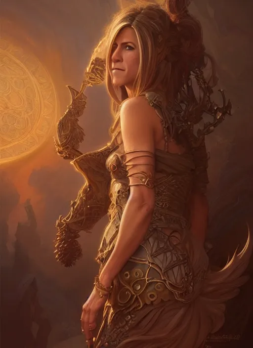 Image similar to jennifer aniston, d & d, fantasy, intricate, elegant, highly detailed, digital painting, artstation, concept art, matte, sharp focus, illustration, hearthstone, art by artgerm and greg rutkowski and alphonse mucha