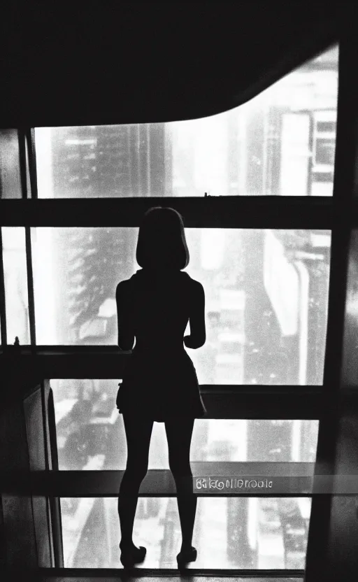 Prompt: portrait back of realistic girl in 7 0's retro club, editorial, fashion, window, realistic, vintage, night, blade runner, dark, clean lines, asian futuristic city in distance, cinematic angle