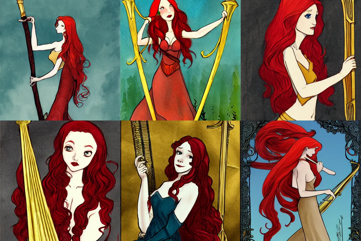 Prompt: a female elf with long red hair, holding a golden harp by Abigail Larson