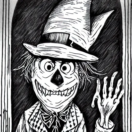 Image similar to a Pop Wonder scary horror themed goofy-hilarious-character Jack-Frost-Babadook-scarecrow-madhatter-williewonka-wearing a scarf, 3-piece-suit, dime-store-comic drawn with charcoal and pen and ink, half-tone-line-stacking