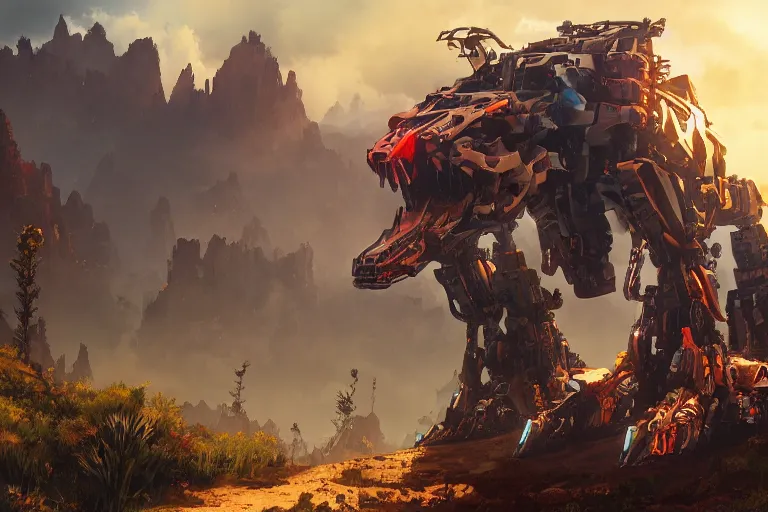 Image similar to sawtooth machine mecha animal beast robot of horizon forbidden west horizon zero dawn bioluminiscence global illumination ray tracing hdr fanart arstation by sung choi and eric pfeiffer and gabriel garza and casper konefal