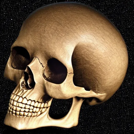 Image similar to a skull made of fine gemstone, inside the skull is planet earth