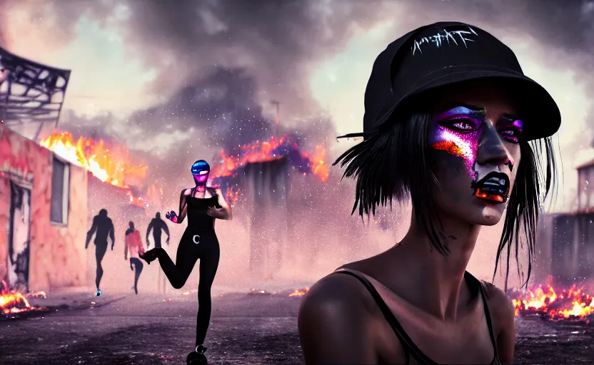 Image similar to digital painting of a streetwear woman, running mascara, a futuristic shanty town burns in the background, distress, tattoos, dark strokes, dark glitter, 4k, 8k, hd, full color, octane render, trending on artstation, highly detailed