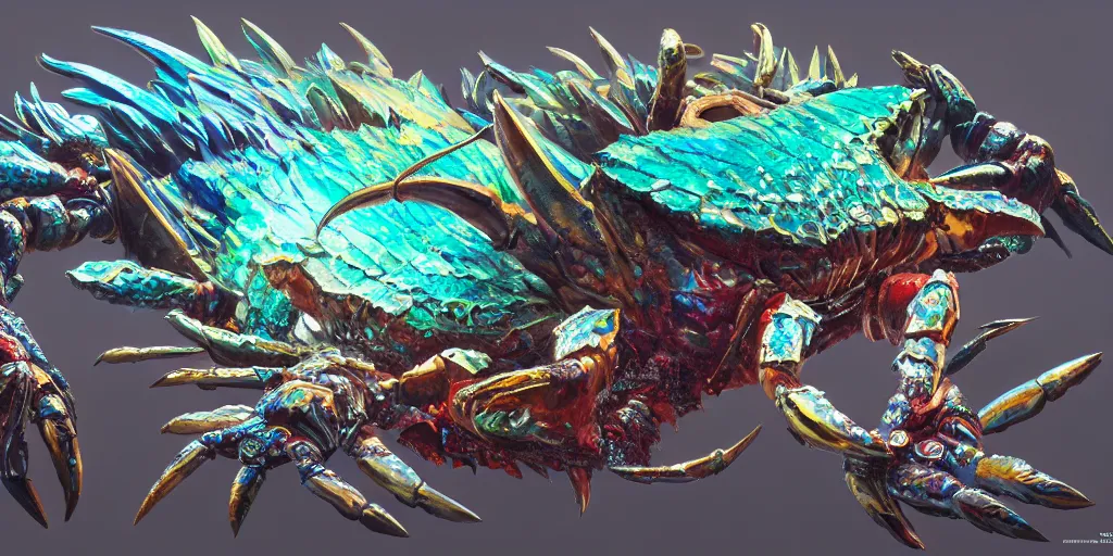 Image similar to Iridescent crab seamonster, character design sheet, Monster Hunter Illustrations art book, diamond sharp claws, huge arms, iridescent shards on its back, Moebius, Greg Rutkowski, Zabrocki, Karlkka, Jayison Devadas, Phuoc Quan, trending on Artstation, 8K, ultra wide angle, zenith view, pincushion lens effect.