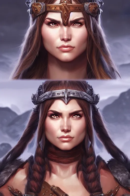 Prompt: head and shoulders portrait of a barbarian, female, high fantasy, d & d, by artgerm, face details, extremely detailed, digital illustration