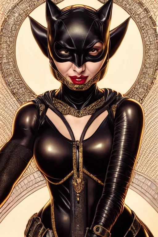 Image similar to painting of catwoman wearing ornate plastic armor, ultra realistic, sharp details, subsurface scattering, intricate details, warm lighting, beautiful features, highly detailed, photorealistic, octane render, 8 k, unreal engine, art by artgerm and greg rutkowski and alphonse mucha