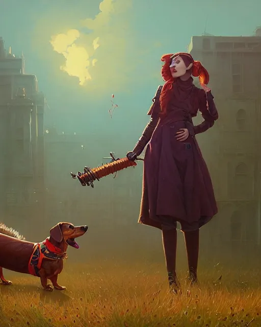 Image similar to highly detailed surreal vfx portrait of a nowpunk dachshund, stephen bliss, unreal engine, greg rutkowski, loish, rhads, beeple, makoto shinkai and lois van baarle, ilya kuvshinov, rossdraws, tom bagshaw, alphonse mucha, global illumination, detailed and intricate environment