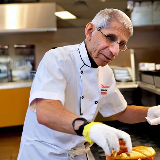 Image similar to A photo of Dr. Anthony Fauci flipping burgers at a fast food restaurant