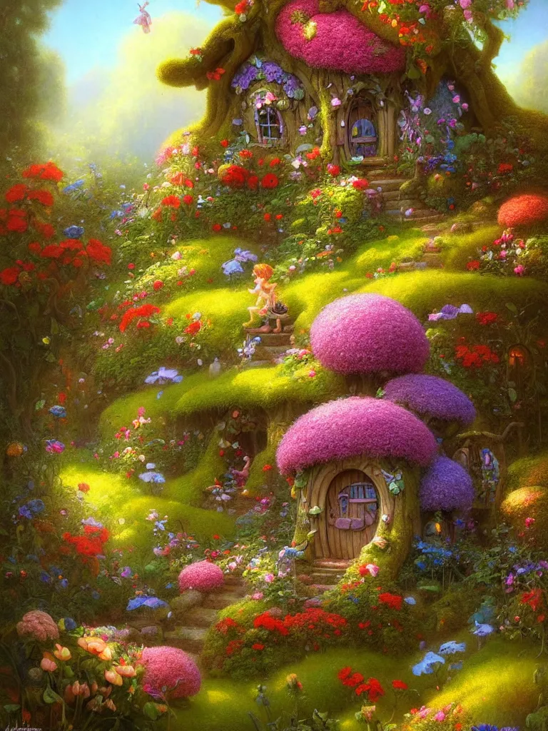 Prompt: a whimsical fairy house in a lush garden of flowers by Justin Gerard, morning light