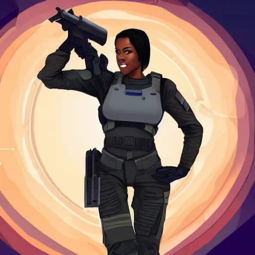 Prompt: a futuristic female soldier with brown skin and short hair in a spaceship