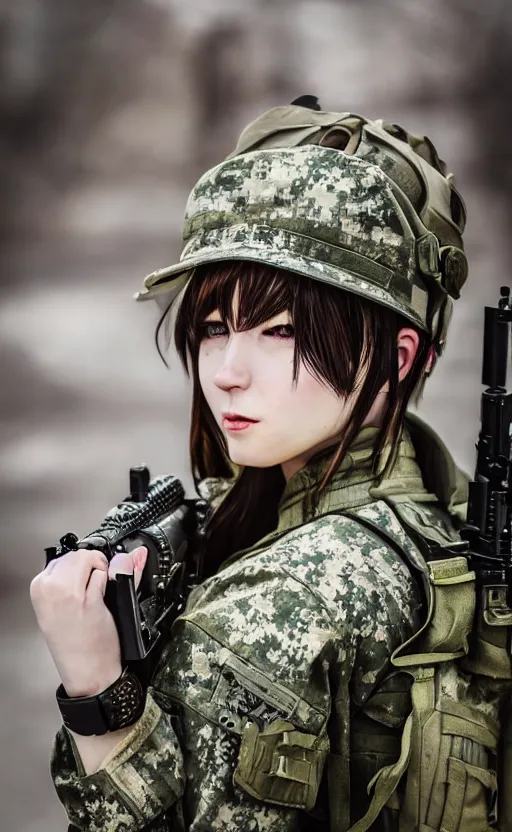 Image similar to portrait photo, highly detailed, high resolution, cosplay photo, stunning, girls frontline style, bokeh soft, 100mm, trending on instagram, by professional photographer, realistic human anatomy, real human faces, realistic military carrier, soldier clothing, modern warfare, without any gun, empty handed, shot with a canon, low saturation, soldier clothing