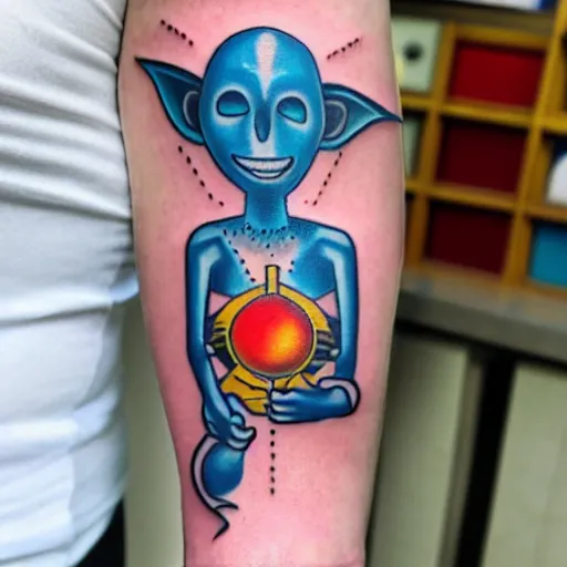 Image similar to new school tattoo of blue alien holding a ray gun