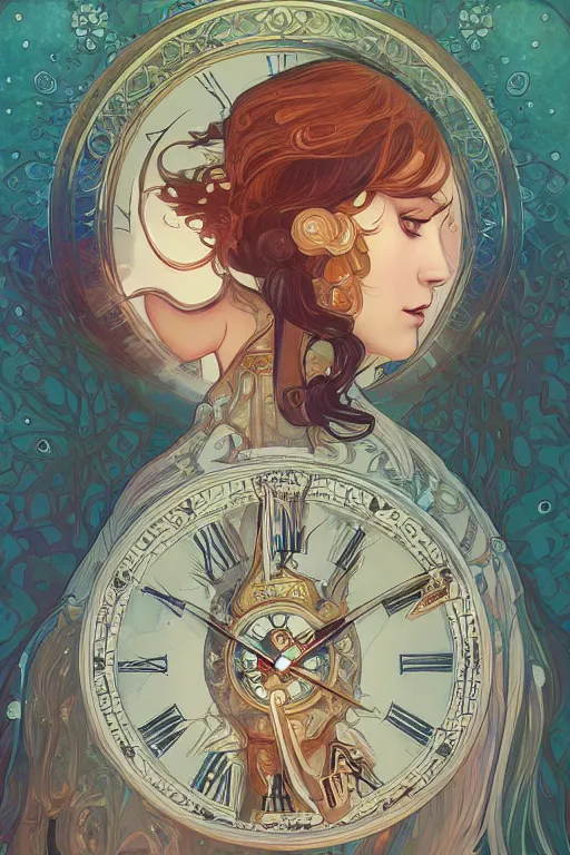 Prompt: portrait of the lady of time, clocks, intricate design, sharp features, detailed background, ambient lighting, 4 k, lois van baarle, ilya kuvshinov, rossdraws, alphonse mucha, jung gi kim, artstation