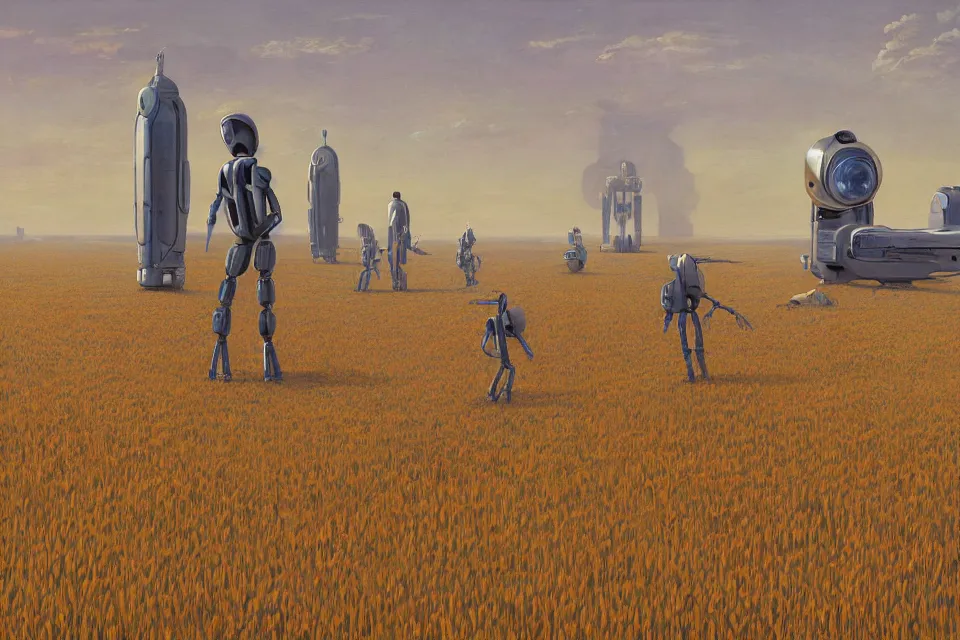 Image similar to sci-fi painting of a large alien city on the vast wheat fields, the closed back view of one humanoid robot on the ground, by Christopher Balaskas, godrays, detailed