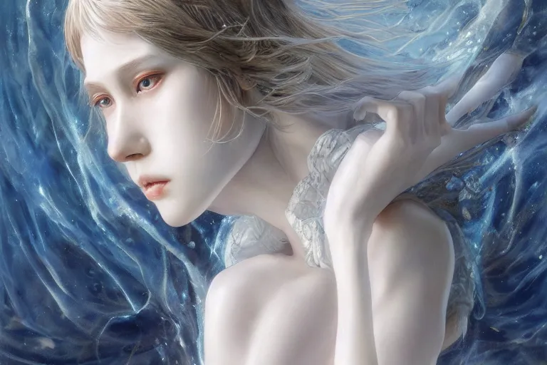 Image similar to portrait of Ayanami Rei, glowing white skin, fantasy, intricate, elegant, dramatic lighting, emotionally evoking symbolic metaphor, highly detailed, lifelike, photorealistic, digital painting, artstation, concept art, smooth, sharp focus, illustration, art by John Collier and Albert Aublet and Krenz Cushart and Artem Demura and Alphonse Mucha