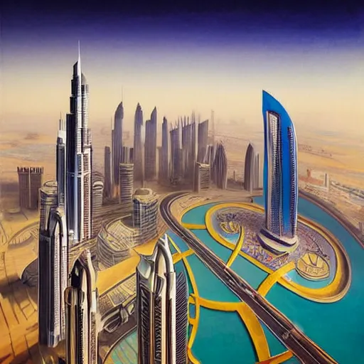 Image similar to a picture of dubai city skyline in a white frame, an art deco painting by enguerrand quarton, featured on behance, art deco, cityscape, matte drawing, poster art h 7 6 8
