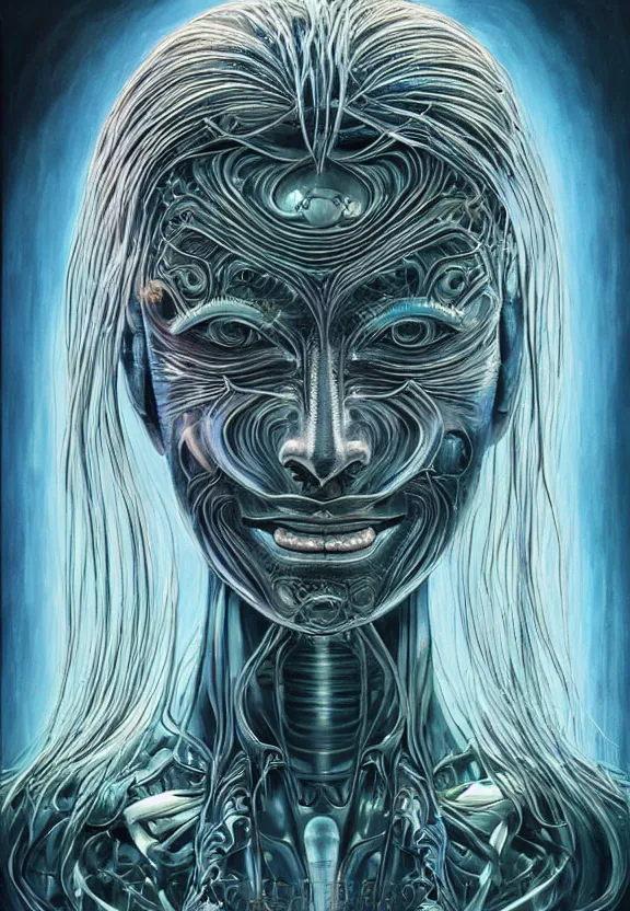 Image similar to perfectly centered portrait, front view of a beautiful biomechanical cyberpunk alien android robot buddha, female, flowing hair, intense stare, sarcastic smile, symmetrical, concept art, intricate detail, volumetric shadows and lighting, realistic oil painting by alex grey and h. r giger,