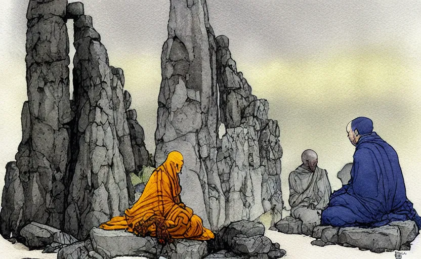 Image similar to a realistic and atmospheric watercolor fantasy concept art of giant monk in grey robes sitting in stonehenge. in the foreground a small female medieval monk in grey robes is kneeling with her hands by her sides. by rebecca guay, michael kaluta, charles vess