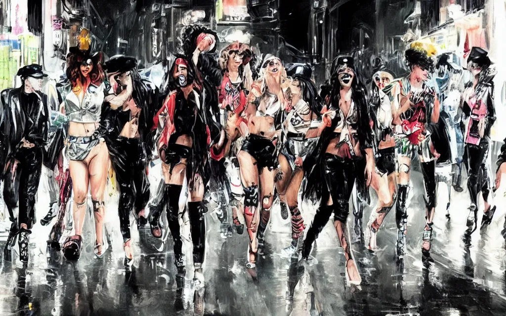 Image similar to concept art, glam rockers dressed as hooligans and whores, walking down a wet helsinki street at night, in the style of syd mead and liam wong