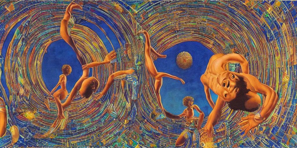 Image similar to an abstract space station background, a multiracial greek god dancing, clear eyes. 2 4 mm, photorealistic, muted color scheme, directed by mati klarwein