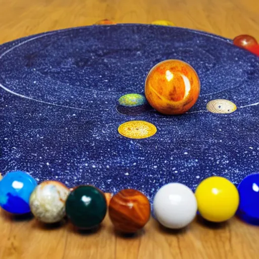 Image similar to solar system as a group of marbles over the carpet of the universe, a joyful marble game, childhood, dream, colorful