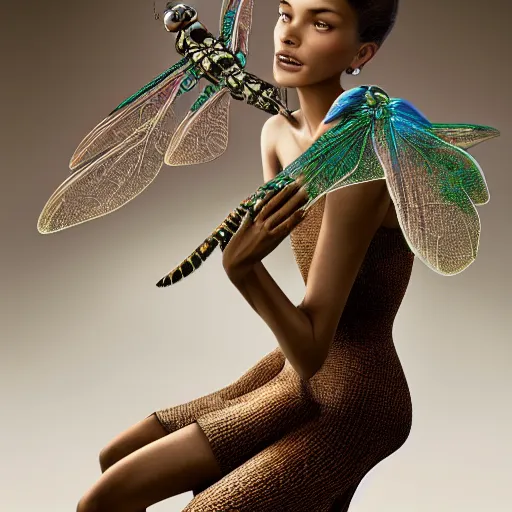 Image similar to brown woman wearing a shiny dragonfly armor. iridiscent. super detailed. layered. textured. award winning. dispersion of light. refracted lighting. soft. fragile. by ray caesar. by louise dahl - wolfe. by andrea kowch. surreal photoraphy