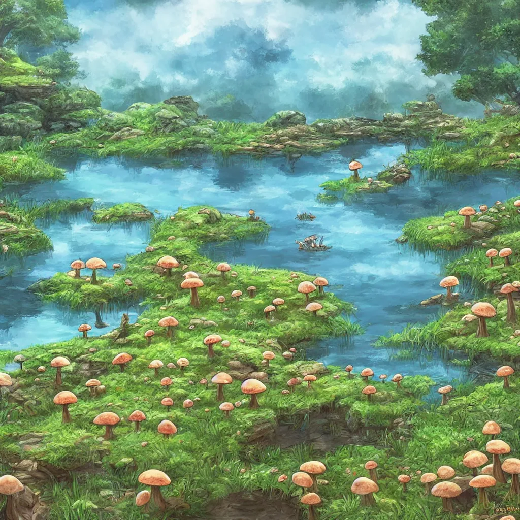 Prompt: a beautiful lake with cute little mushrooms growing around it, fantasy art, 2 d game art, by studio ghibli